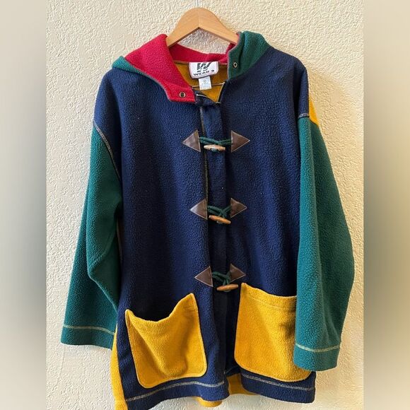 W Wear 2 Fleece Hooded Jacket Colorblock Sz M-XL patch Pockets Toggle Closure - Picture 2 of 5